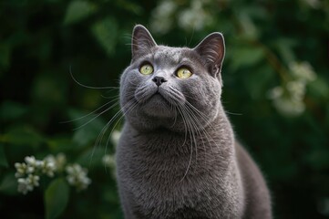 Large gray eastern feline in summer outdoors, animal, white, nature, green, portrait, adorable, urban
