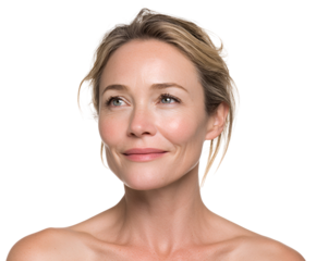 Mature woman with fair skin and elegant features looking upwards confidently representing beauty and graceful aging with a natural style highlighting her timeless attractiveness