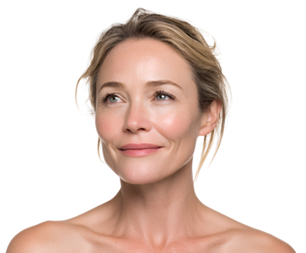 Mature woman with fair skin and elegant features looking upwards confidently representing beauty and graceful aging with a natural style highlighting her timeless attractiveness - Powered by Adobe