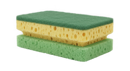 Close up of a dual-sided cleaning sponge with green abrasive layer and yellow absorbent foam for effective household dishwashing and surface scrubbing transparent background