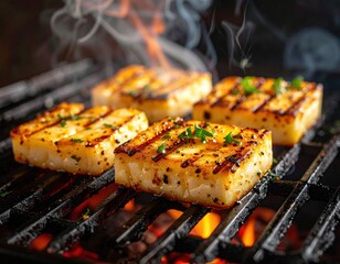 Grilled halloumi cheese with herbs cooking on a barbecue grill.