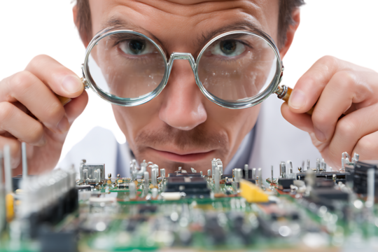 Close up of scientist examining circuit board.