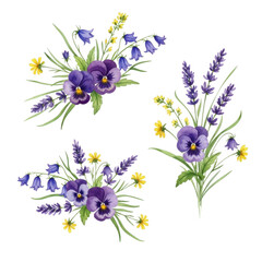 Watercolor floral arrangements with pansies and lavender isolated on transparent background