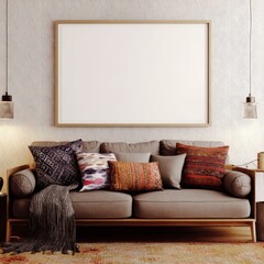A modern living room featuring a poster frame mockup with minimalist decor, wooden frame, cozy lighting, clean design,