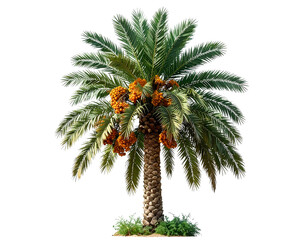 Mature date palm tree with ripe orange fruit, isolated on a transparent background, PNG