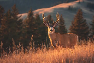 Montana Deer Trophy: Majestic Mule Buck with Grooved Antlers at Golden Hour
