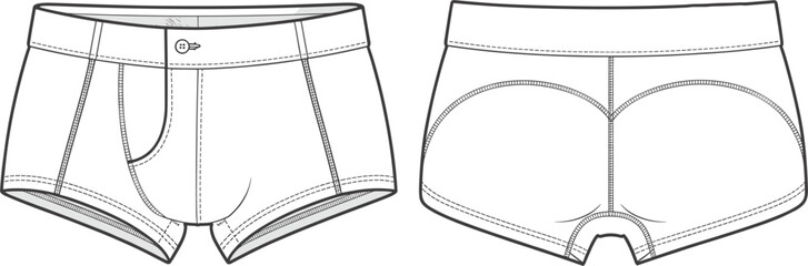 Fototapeta premium Front and back view of boxer briefs with button fly and contoured seat Keywords: boxer briefs, underwear, briefs, garment