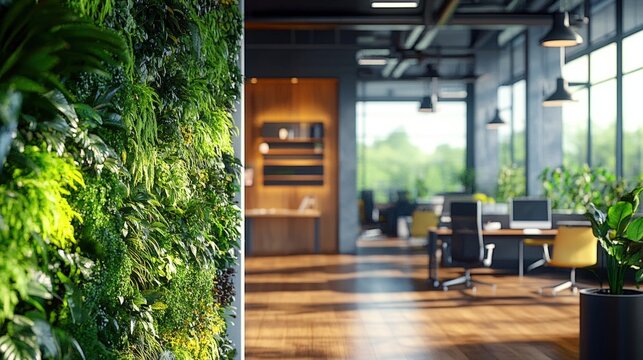 A lush green wall contrasts with a modern workspace, featuring wooden elements and large windows that invite natural light into the office environment.
