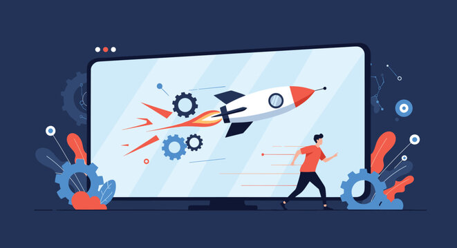 Agile methodology and rapid deployment of a startup business concept with a rocket launch illustration signifying fast growth and innovation