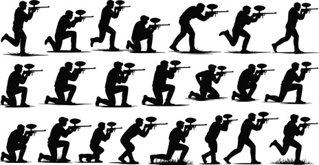 Collection of silhouette paintball players in running, crouching, shooting positions, outdoor action sport poses, vector illustration for team gameplay