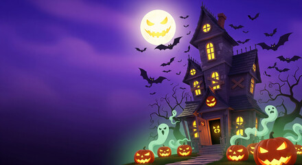 Cartoon Haunted House with Pumpkins, Bats, and Full Moon
