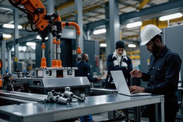 a man in a hard hat working on a laptop in a factory