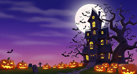 Cartoon Haunted House with Pumpkins, Bats, and Full Moon