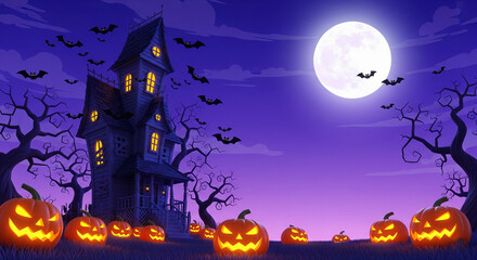 Cartoon Haunted House with Pumpkins, Bats, and Full Moon