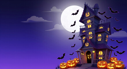 Cartoon Haunted House with Pumpkins, Bats, and Full Moon
