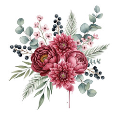 Vibrant bouquet of deep pink dahlias and peonies isolated on transparent background