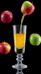 Apples juices into glass with floating red and green apples on black background