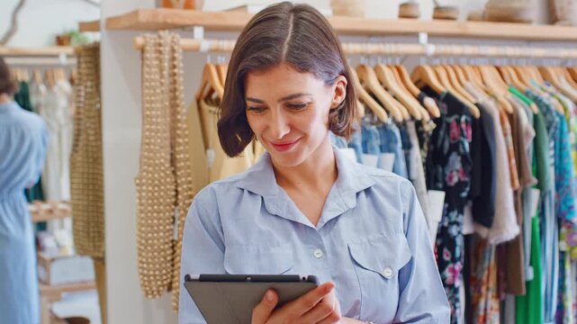 Female Owner Of Fashion Store Checking Stock On Rails In Clothing Store With Digital Tablet