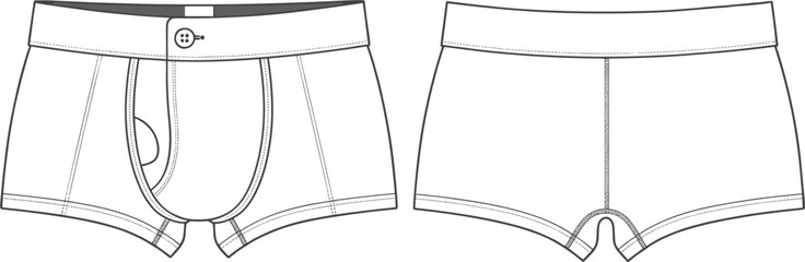 Front and back view of white boxer briefs with button fly and elastic waistband underwear men's underwear