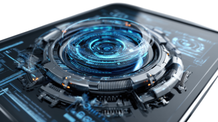 Futuristic technology: A cutting-edge concept featuring an advanced, glowing blue technology module and intricate holographic display on a modern tablet.