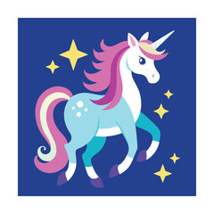 Fototapeta premium Playful light blue unicorn with pink mane and rainbow tail on dark blue