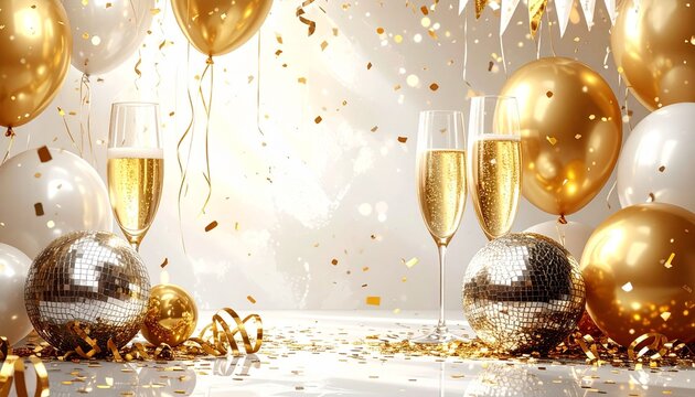 Glam New Years Eve celebration white and gold background with balloons, disco balls, confetti and champagne glasses with copy space - Powered by Adobe