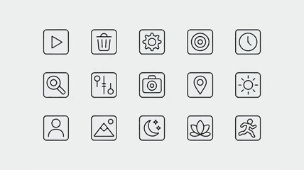 Minimalist Line Art Icons for User Interface and Web Design play button trash can