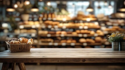 A rustic wooden table with a basket of pastries and flowers in the foreground, set against a blurred backdrop of baked goods in a cozy bakery.