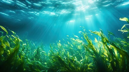 A serene underwater scene featuring lush green seaweed illuminated by rays of sunlight filtering through the water.