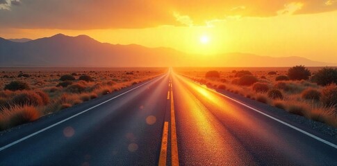 Endless asphalt ribbon vanishing into a hazy, sun-drenched horizon, promising adventure and open road freedom Perfect for travel, journey, escape themes , long road, scenic