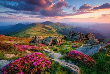 Majestic mountain range glows under a vibrant sunset, blossoming rhododendrons adorn foreground, adding color to the rocky terrain