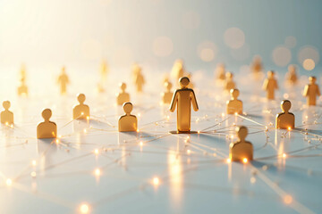 Clean 3D rendering of a human-icon social connection network showing people avatars linked together in an interconnected system symbolizing communication, teamwork, community, and digital interaction.