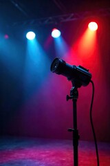 Close-up shot of theatrical stage lighting equipment, cables, and spotlights, ready for a performance The scene showcases the technical preparation behind a live show , stage, spotlight, backstage