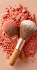 Two makeup brushes on a blush powder pile