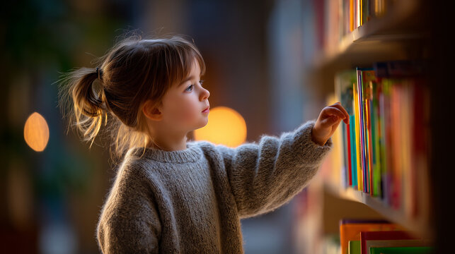 Young girl reaching for a book on a library shelf at sunset  