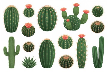 Assortment of large and tiny cacti with blooms, isolated succulent plants on a white background