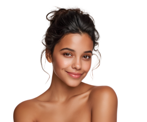 Portrait of a radiant young woman with luminous skin and dark hair looking directly at the camera with a soft and natural smile expressing joyful serenity and confidence in her