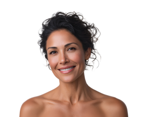 Attractive mid aged woman portrait revealing a confident expression and radiant smile with a fresh curly hairstyle and clear skin portraying beauty and wellness in studio shot