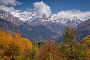 Stunning fall mountain scenery featuring vibrant foliage and striking snowy summits. Scenic vertical view of a mountainous region.