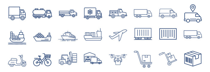 Commercial vehicles line icon set. Vector pictograms of container, pallet, forklift, plane, drone, helicopter, ship, train, cargo truck, warehouse, thin linear illustration. vector illustration eps