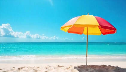 Serene scene of a colorful umbrella providing shade on a beach, gently swaying in a light breeze Perfect for relaxation, vacation, and summer themes , sea, rest