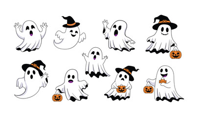 Happy ghosts with pumpkins and hats with transparent background