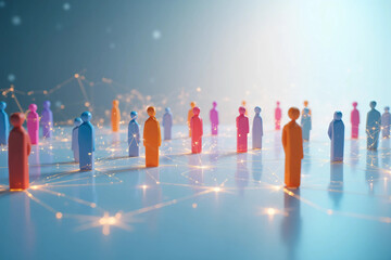 Clean 3D rendering of a human-icon social connection network showing people avatars linked together in an interconnected system symbolizing communication, teamwork, community, and digital interaction.