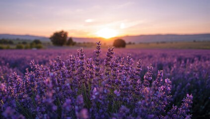 Fototapeta premium Lavender fields in full bloom with essential oil harvest under a sunset sky