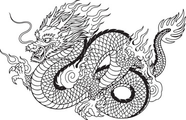 Vintage Asian-inspired black dragon tattoo illustration vector art on a white background