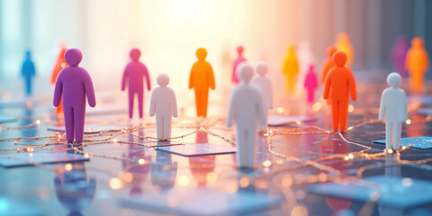 Clean 3D rendering of a human-icon social connection network showing people avatars linked together in an interconnected system symbolizing communication, teamwork, community, and digital interaction.