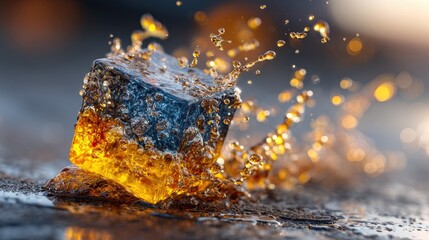 Ice cube with golden liquid splash