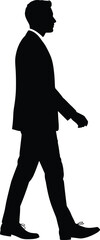 Businessman walking silhouette, black suit vector, formal attire illustration, professional male figure, isolated person graphic, corporate concept design, editable template