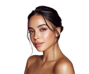 Elegant woman portrait with glowing skin in natural makeup and wet hair style on dark background beauty and style concept fashion model with radiant complexion freshness and