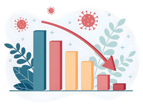 Flat style 3 D illustration of decreasing bar graph with red downward arrow teal and coral bars light orange bars and virus icons isolated on a transparent background